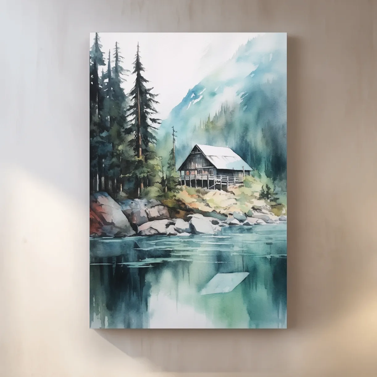 Watercolour painting of a cabin by a lake