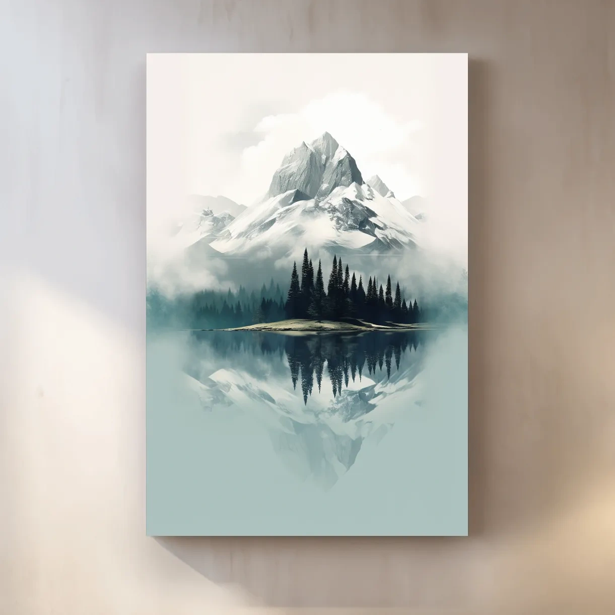 Misty Alpine Mountain Lake Reflection - Minimalist Watercolor Landscape Wall Art
