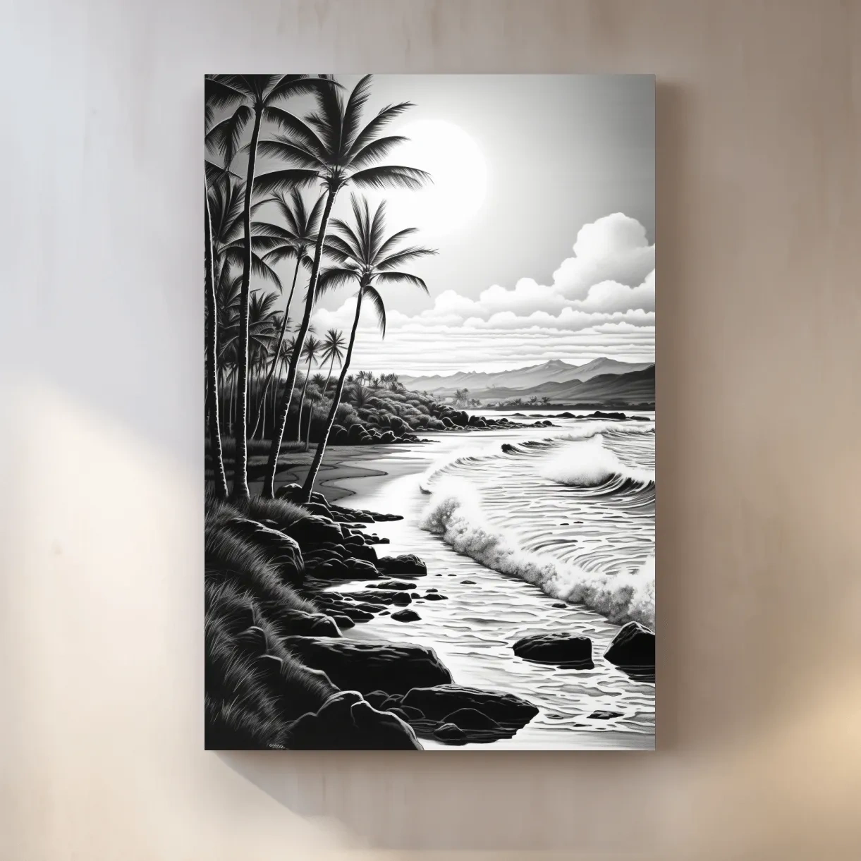 Black and white drawing of a tropical beach mountain scene