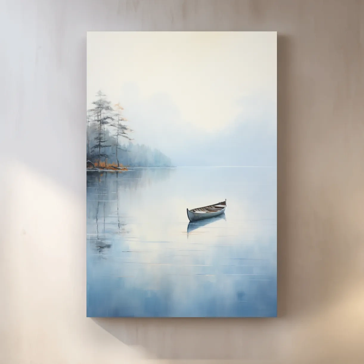 Watercolor painting, canoe on a misty lake
