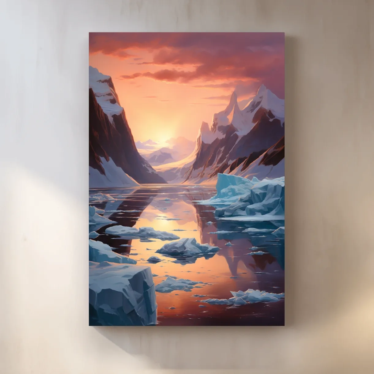 Beautiful surreal painting, sunset over the antarctic ice