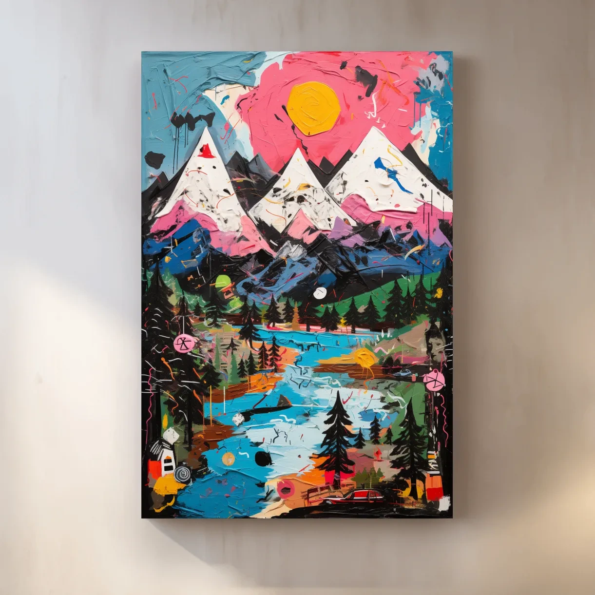 Bold abstract painting of an alpine mountain scene