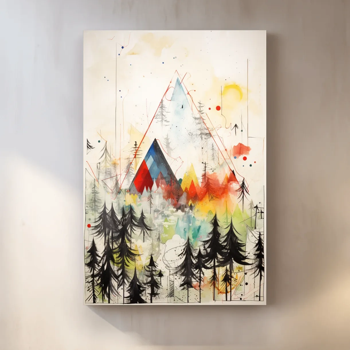 Simple low colour abstract painting, mountains and trees