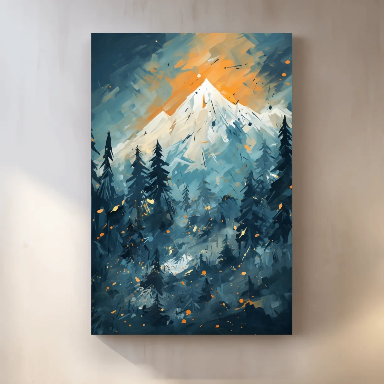 Abstract Snowy Mountain Peak Sunset - Moody Pine Forest Painting Wall Art