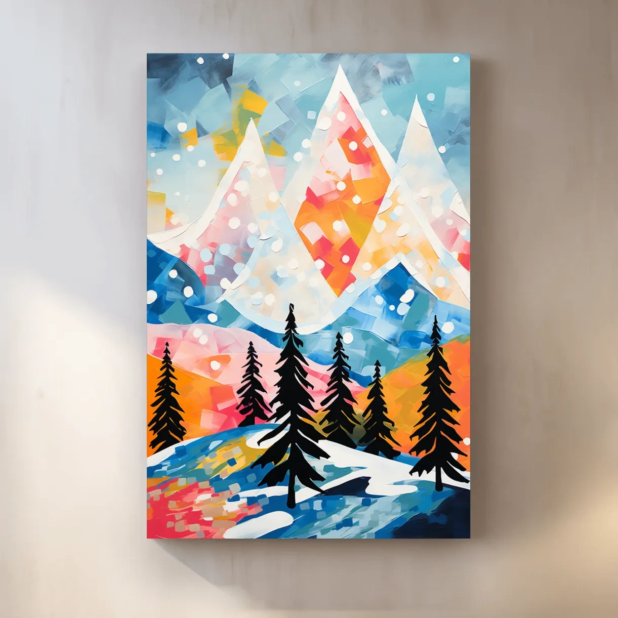 Simple colourful abstract painting of a snowy mountain scene