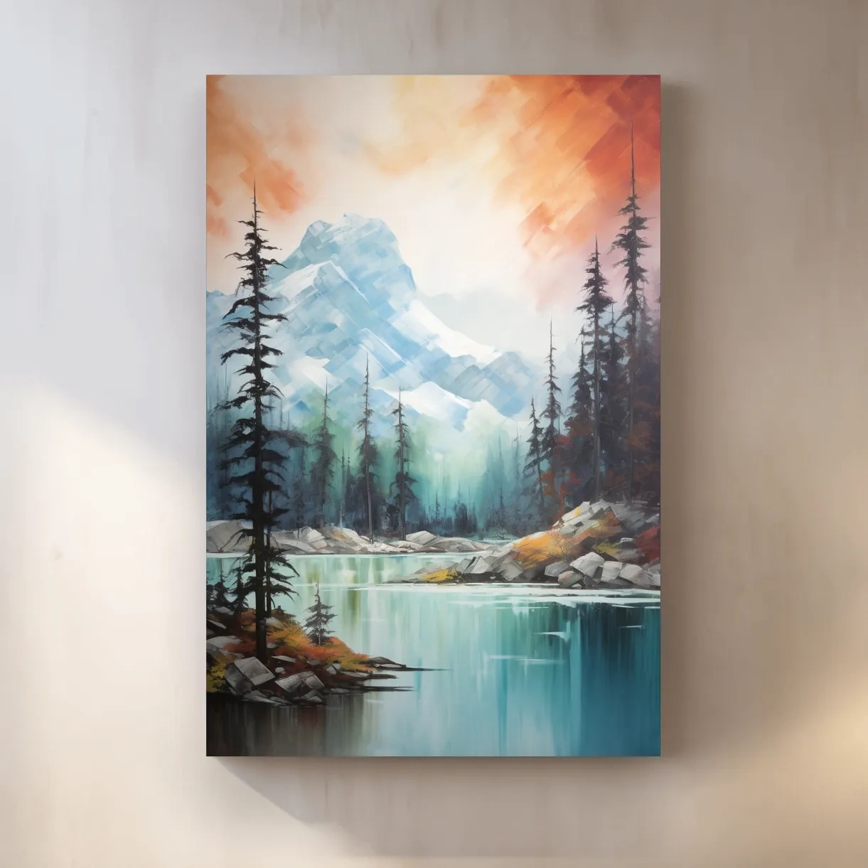 Beautiful mountain painting, turquoise lake in the alpine at sunset