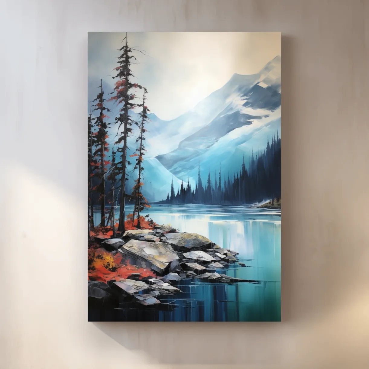 Serene painting, trees on a torquoise alpine lake