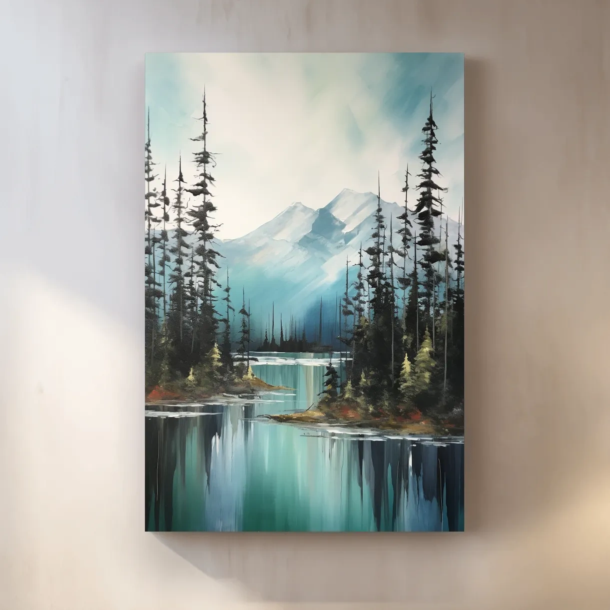 Serene mountain painting, turquoise lake in the alpine