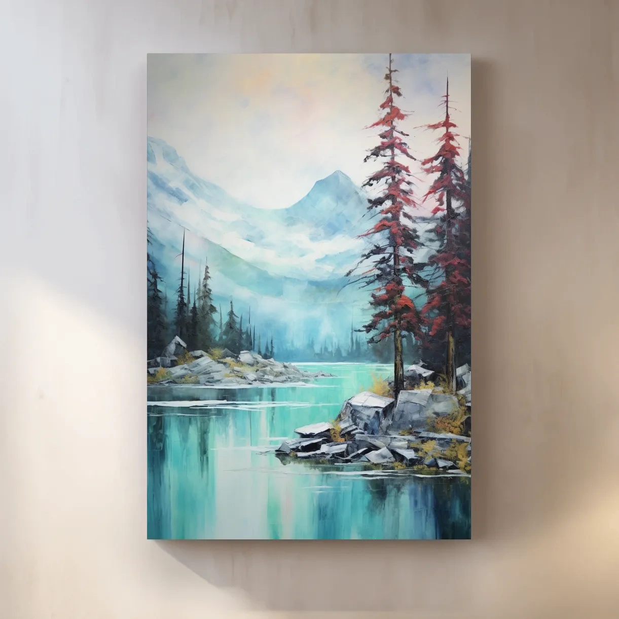 Mountain scenery painting, a turquoise alpine lake