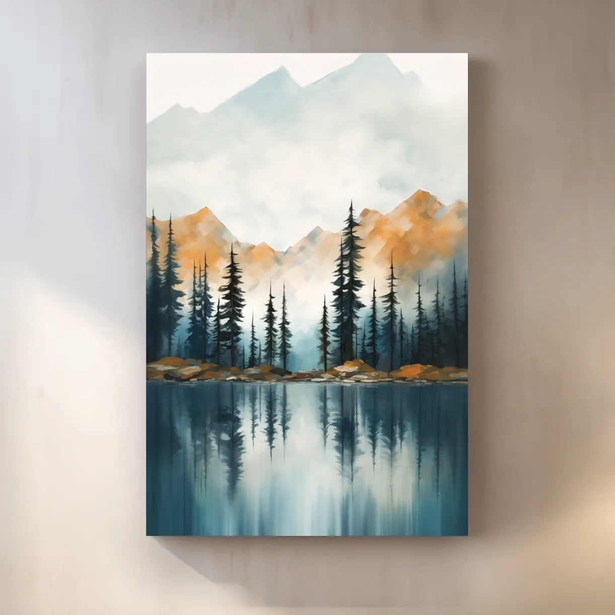 Misty Watercolor Mountain Lake Reflection - Serene Pine Forest Landscape Wall Art