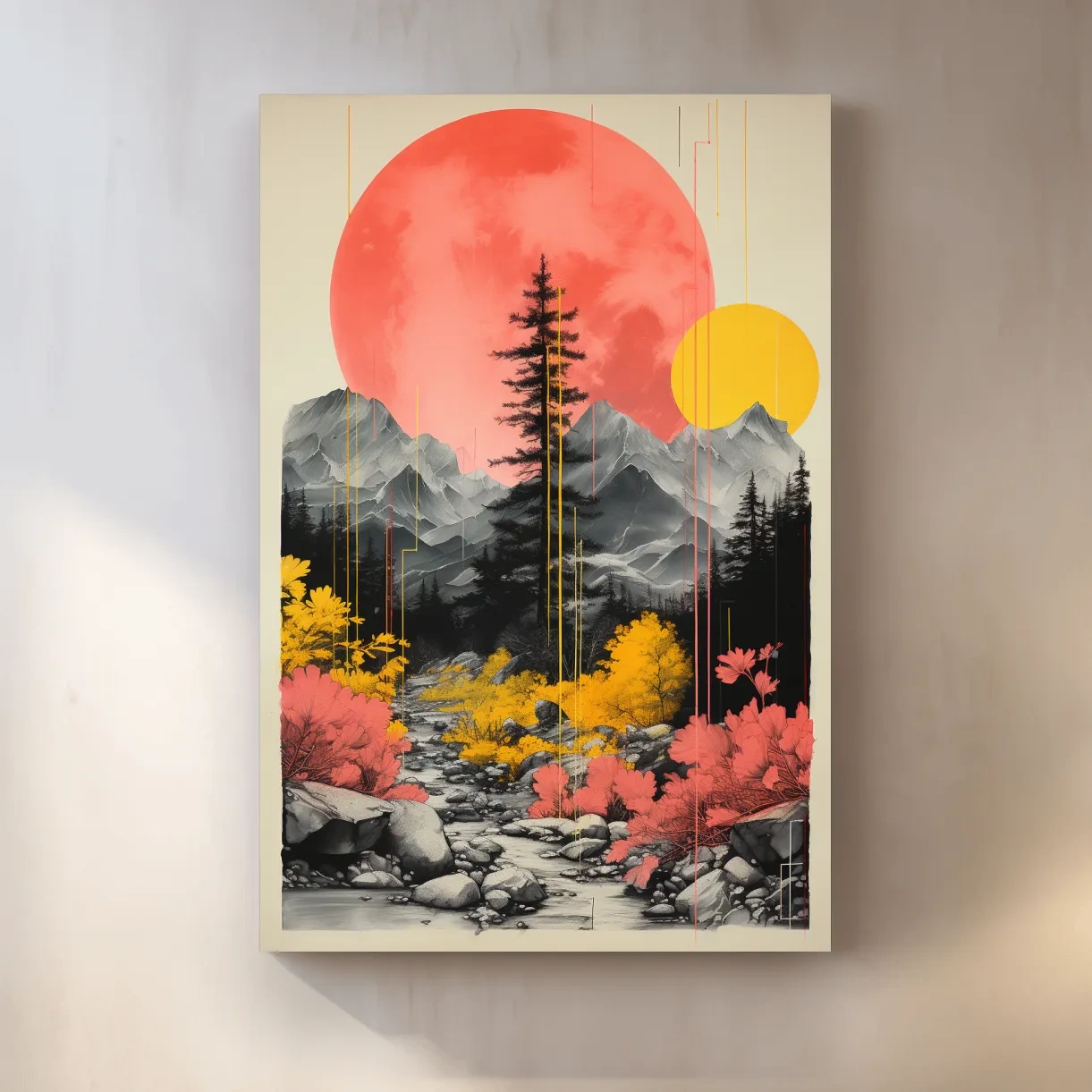 Pink and yellow contrasting artwork, alpine mountain scene