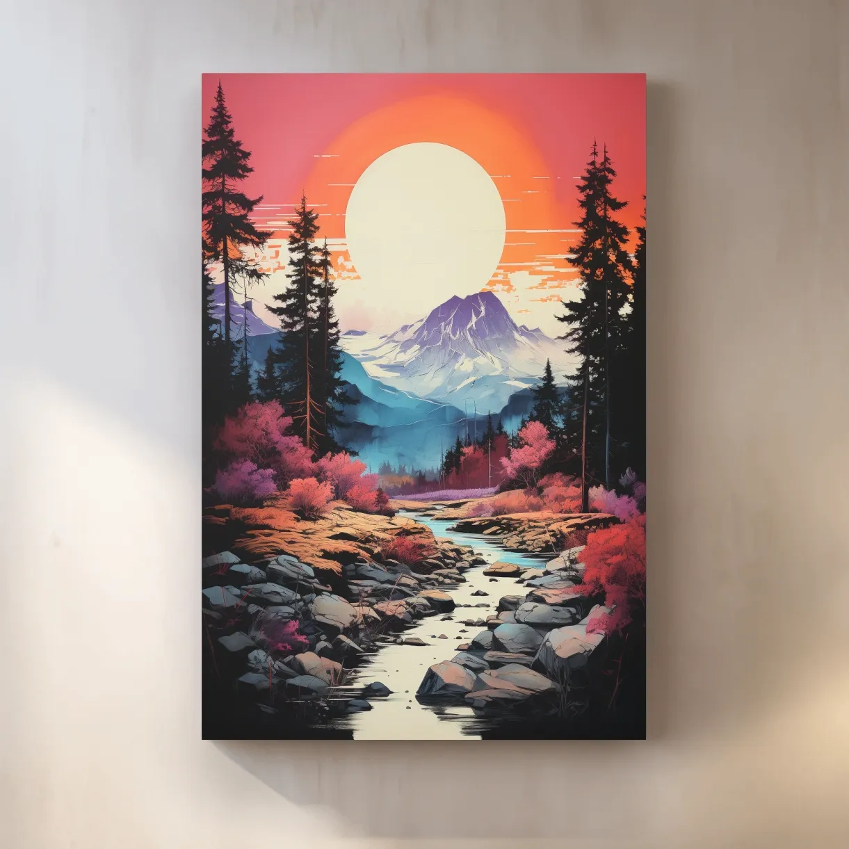 Colorful alpine scene at sunset, illustration