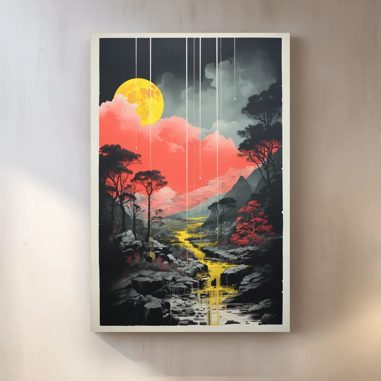 River running through the mountains, colourful illustration