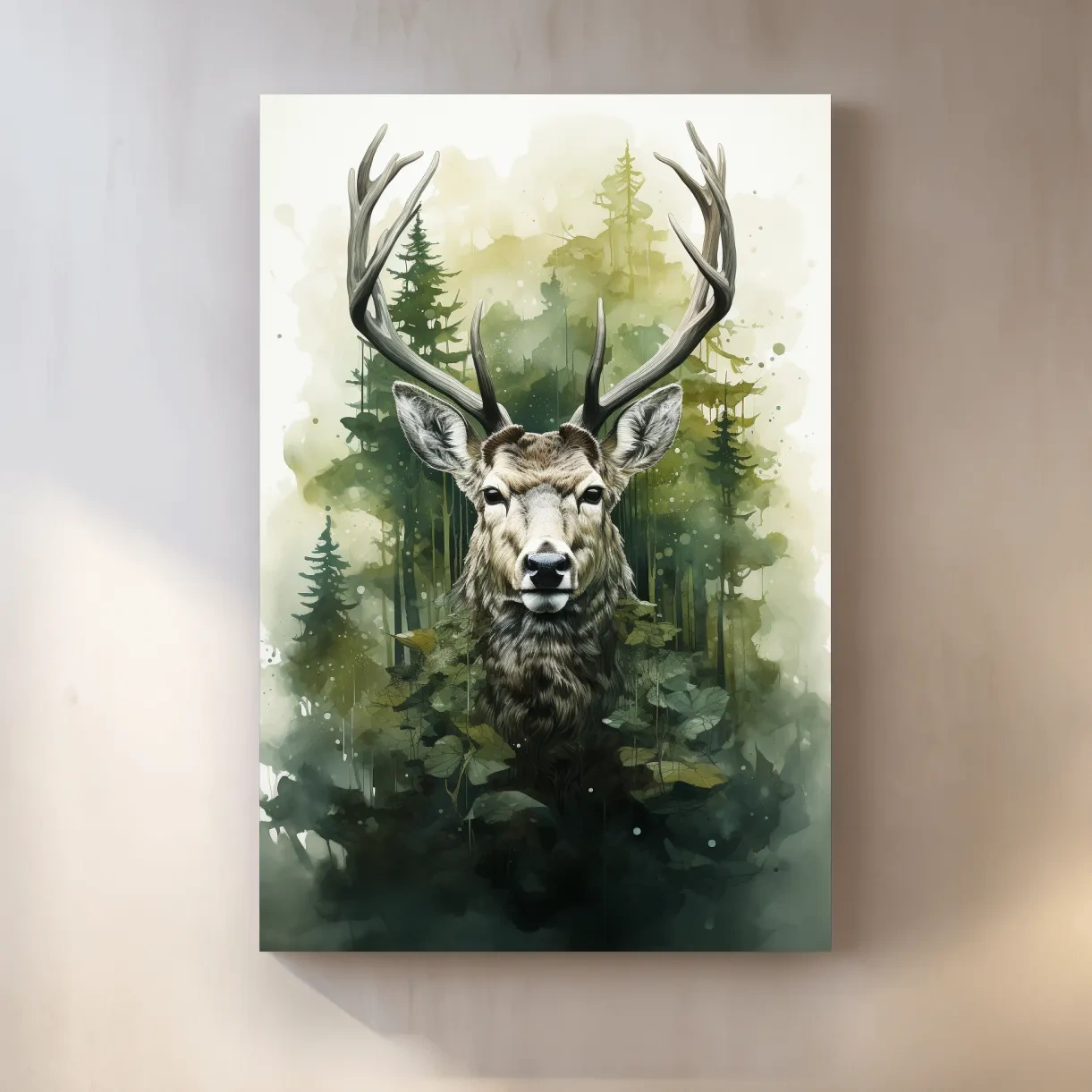 Watercolor Deer Portrait In Misty Pine Forest - Woodland Wildlife Wall Art