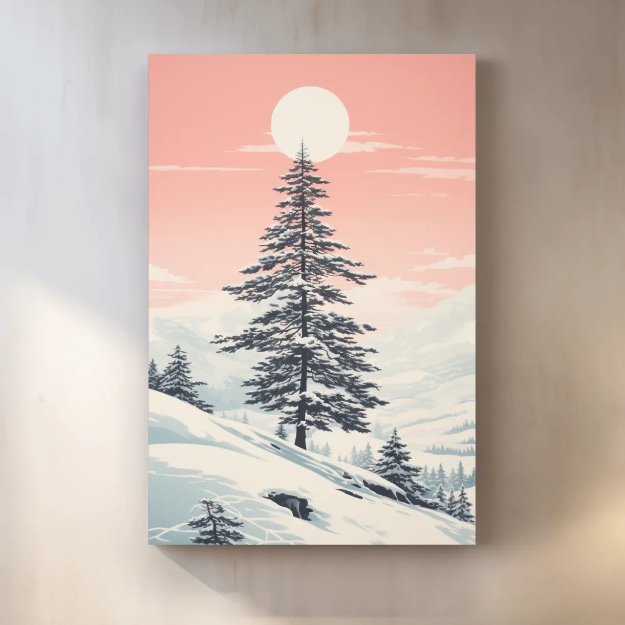 Minimal art, snow covered pine tree at sunset