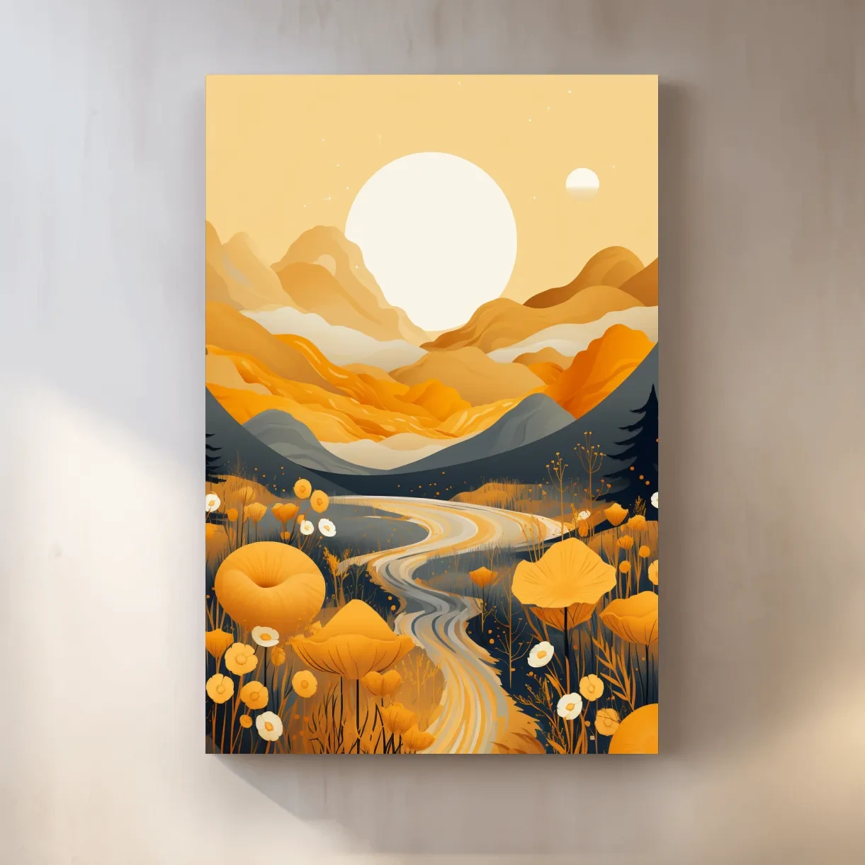 Bright illustration, river running through the meadows
