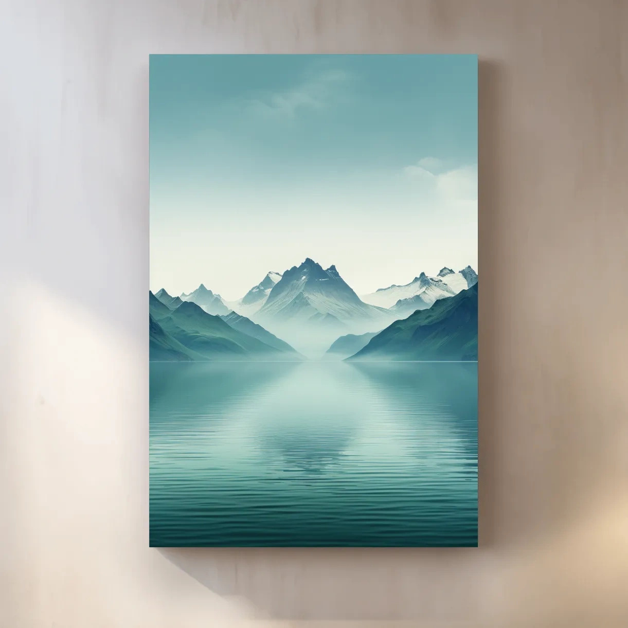 Soft, minimal art, mountains by a lake