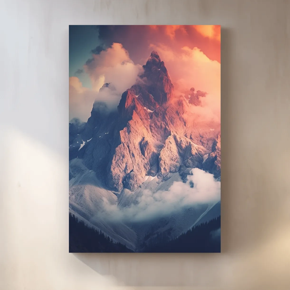 Dramatic mountain peak in colorful clouds, photographic art