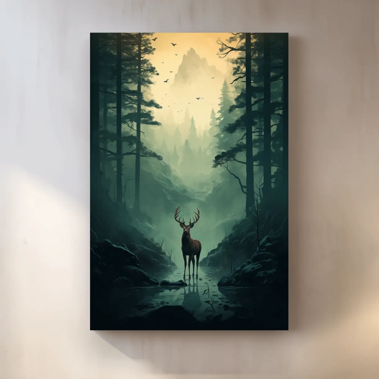 Serene illustration of a deer in a misty forest