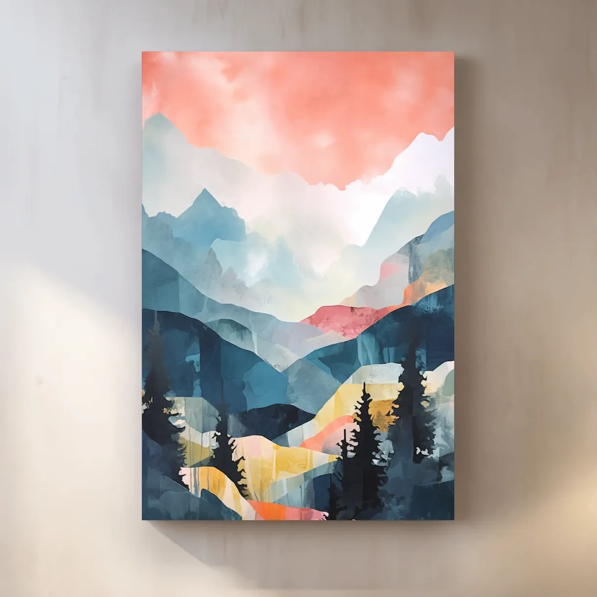 Abstract pastel painting - mountains and trees at sunset