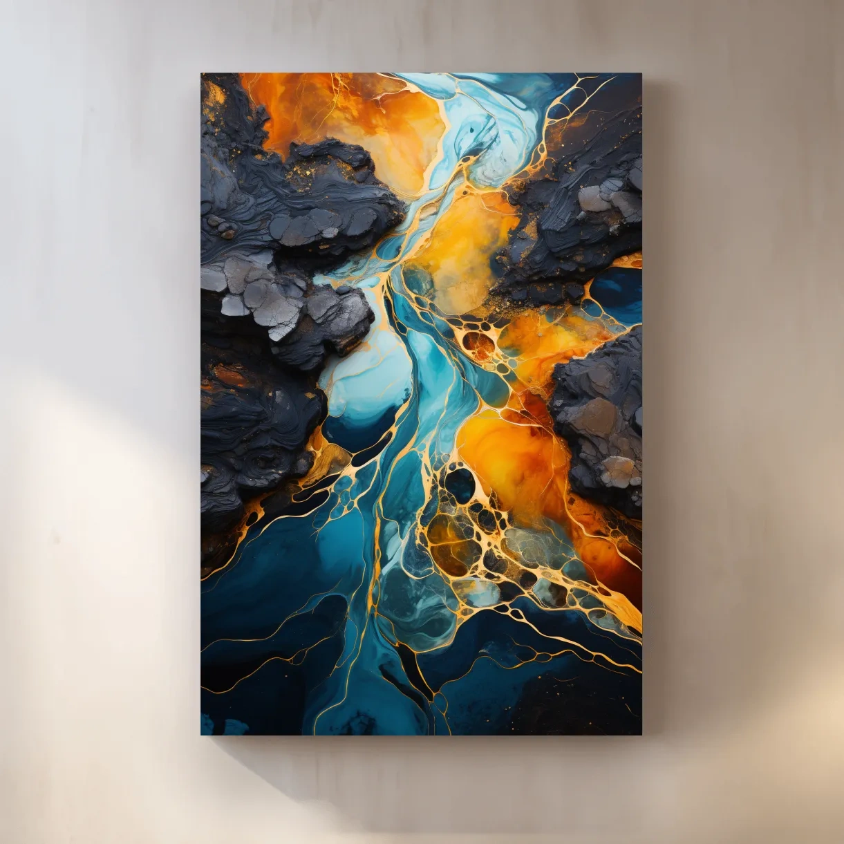Elegant Gold And Teal Abstract Flowinf River - Alcohol Ink Style Wall Art