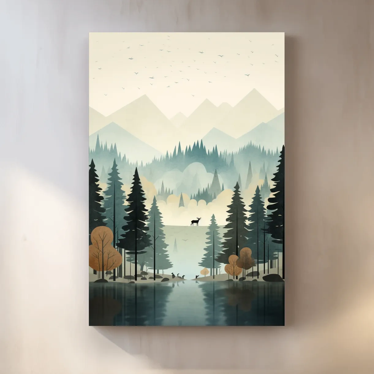 Alpine Lake Forest With Deer - Scandinavian Minimalist Wall Art