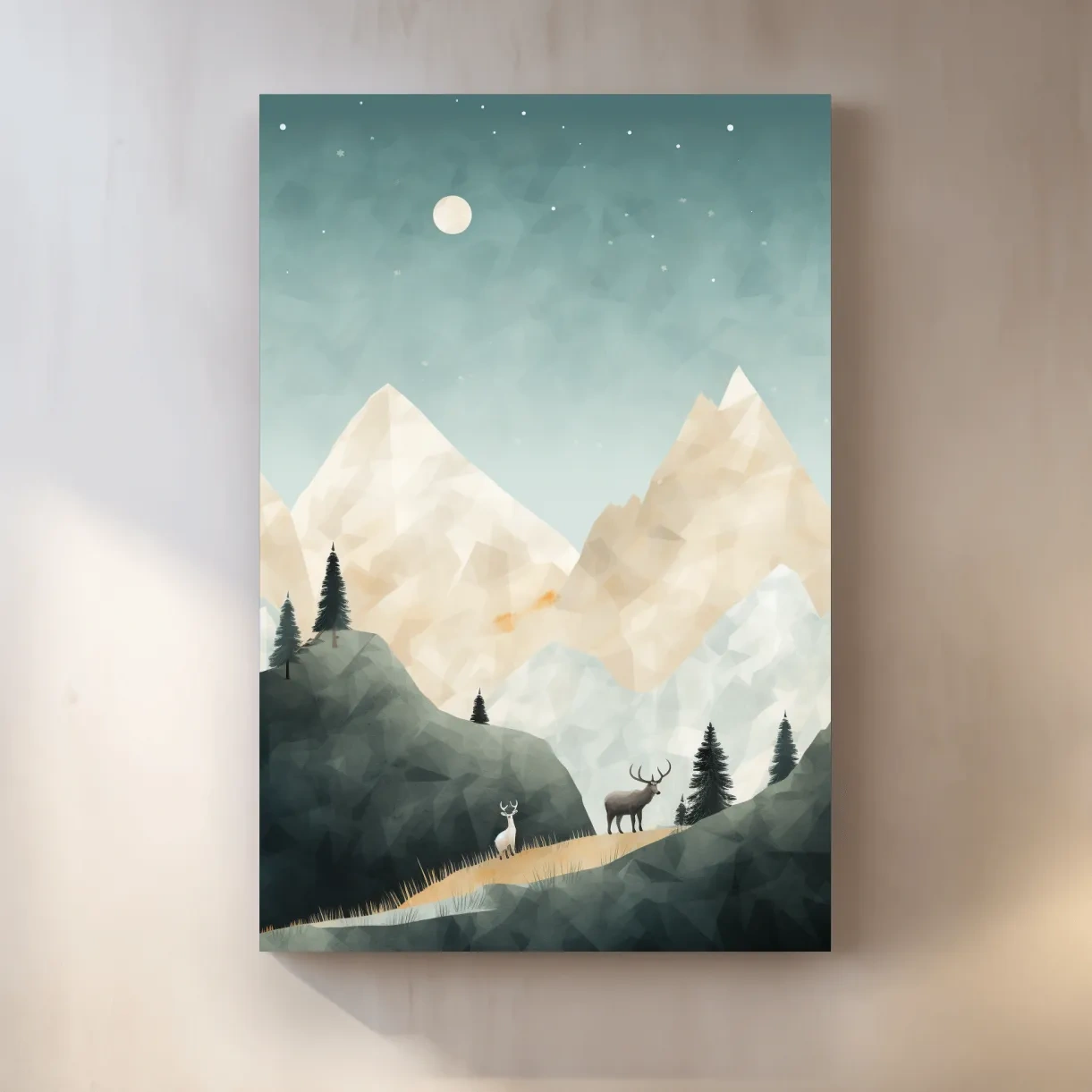 Textured minimal illustration, deers in the forest under the night sky