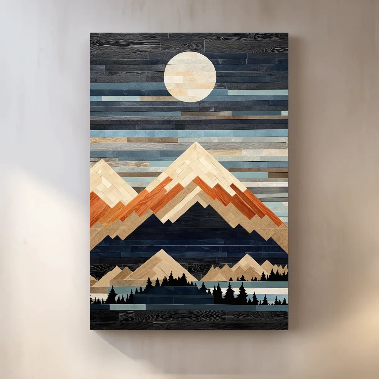Geometric Wood Mosaic Mountain Range Under Full Moon - Modern Rustic Landscape Wall Art