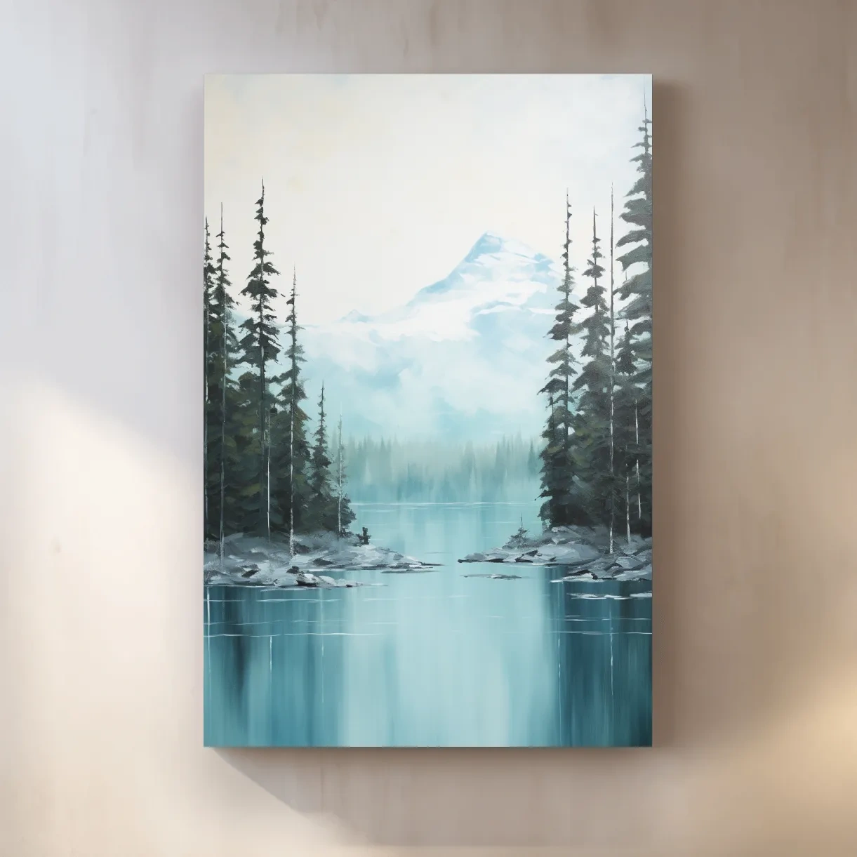 Serene painting of a turquoise Canadian alpine lake