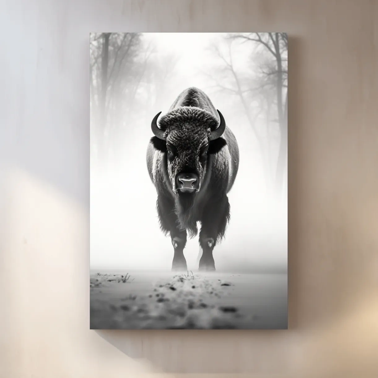 Black and white photo of a bison walking on snow