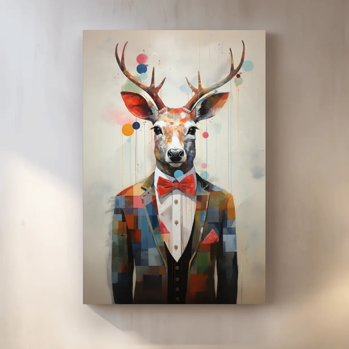 A collage style painting of a deer in a tuxedo