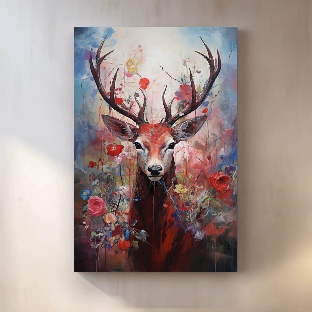 Floral painting of a deer, vibrant wall art