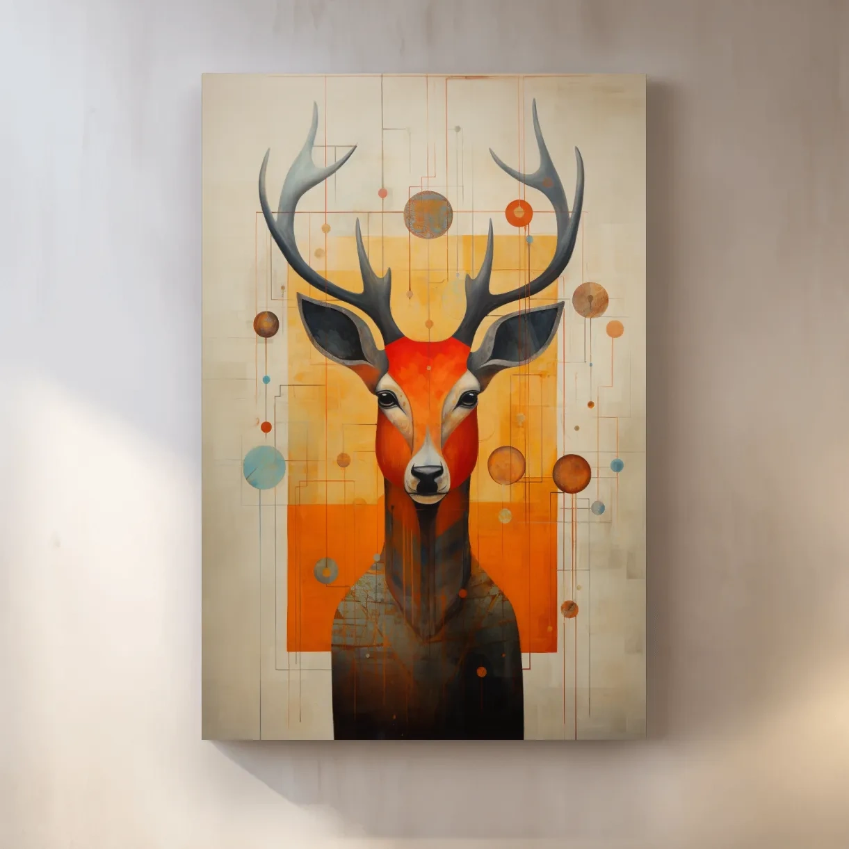 Rustic painting of a deers head with abstract shapes