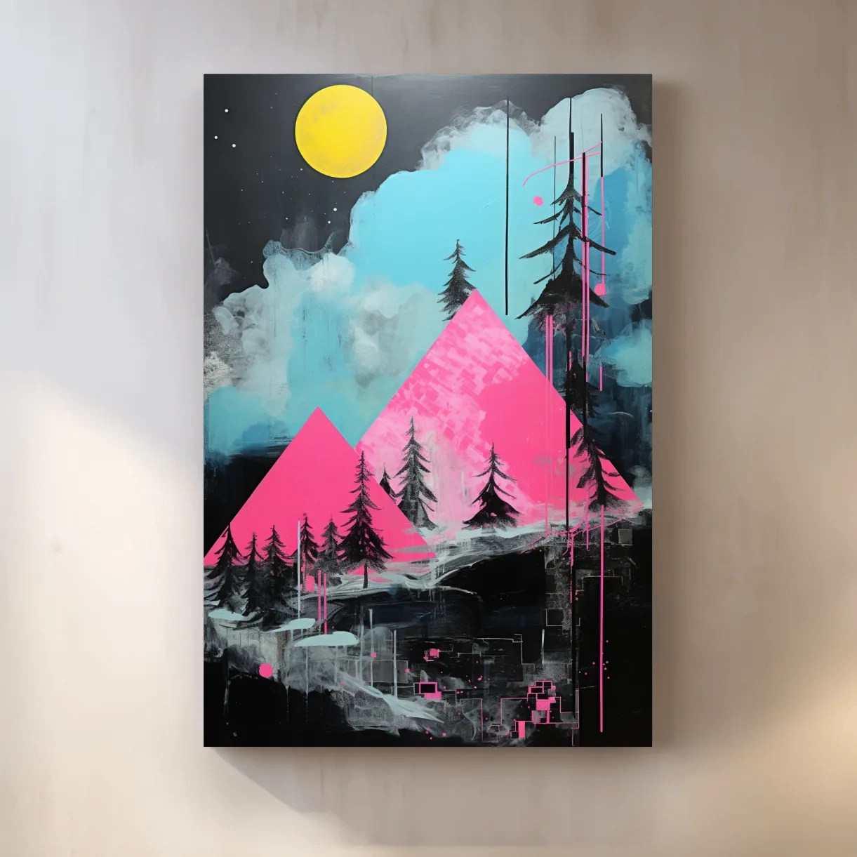Pink and black acrylic painting, triangular abstract mountains