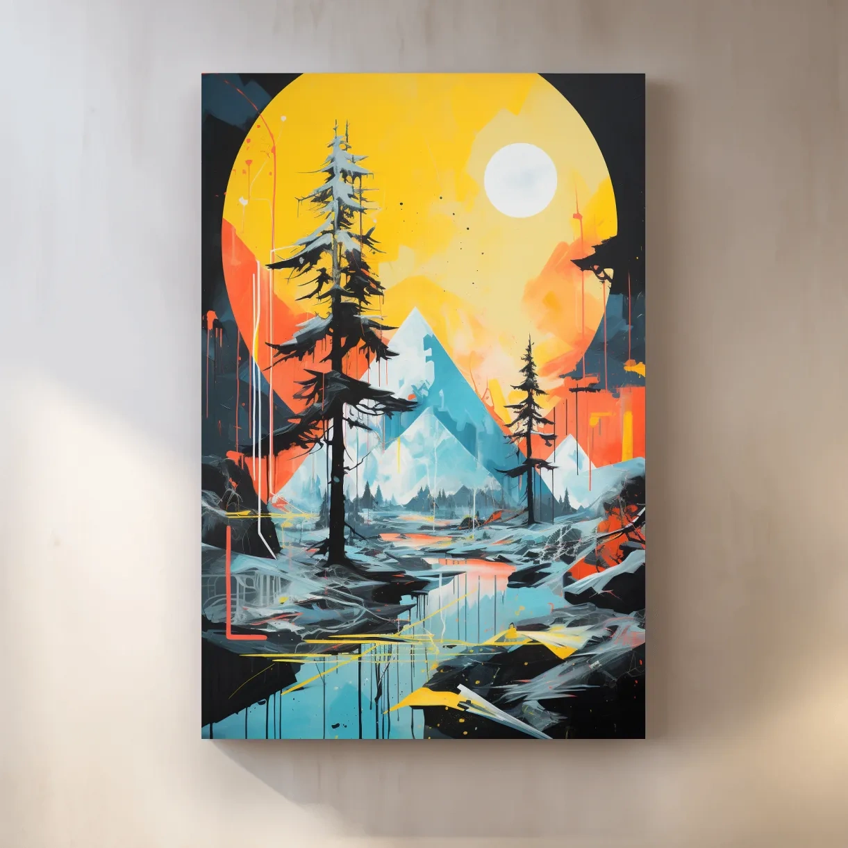 Vibrant Abstract Mountain Lake Sunset Painting - Modern Geometric Pine Forest Wall Art