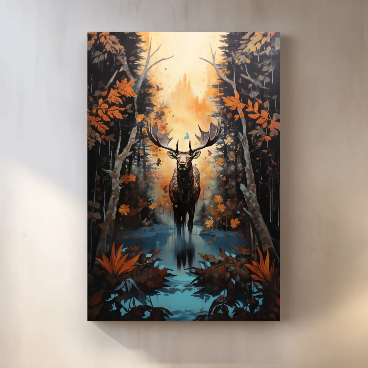 Painting of a moose in the woods in autumn