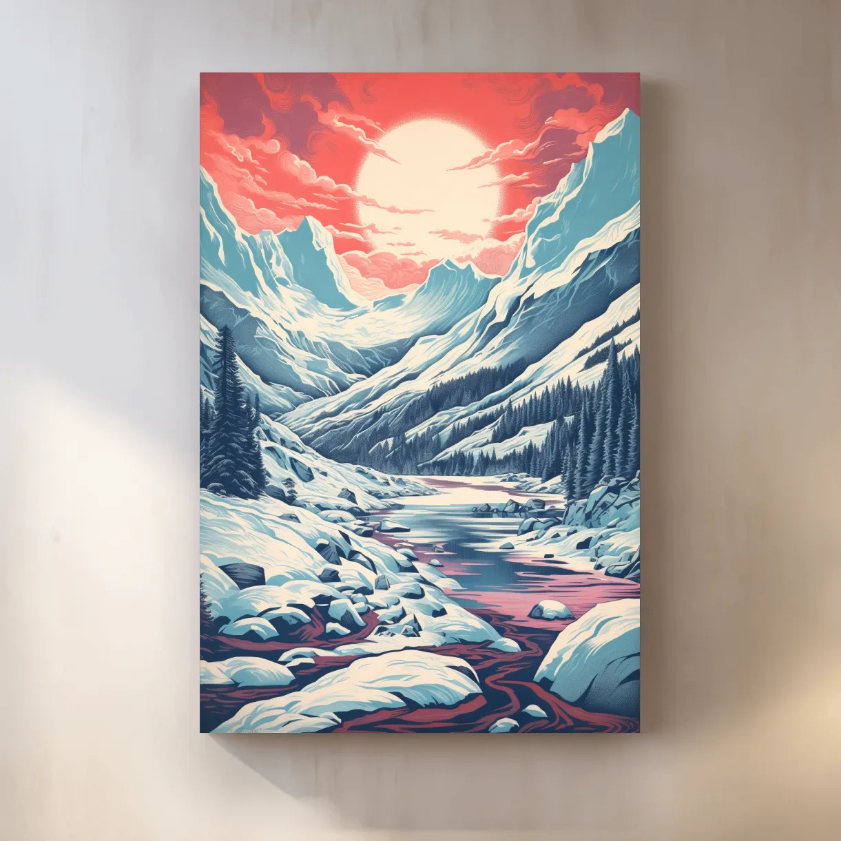 Illustration of an arctic valley at sunset