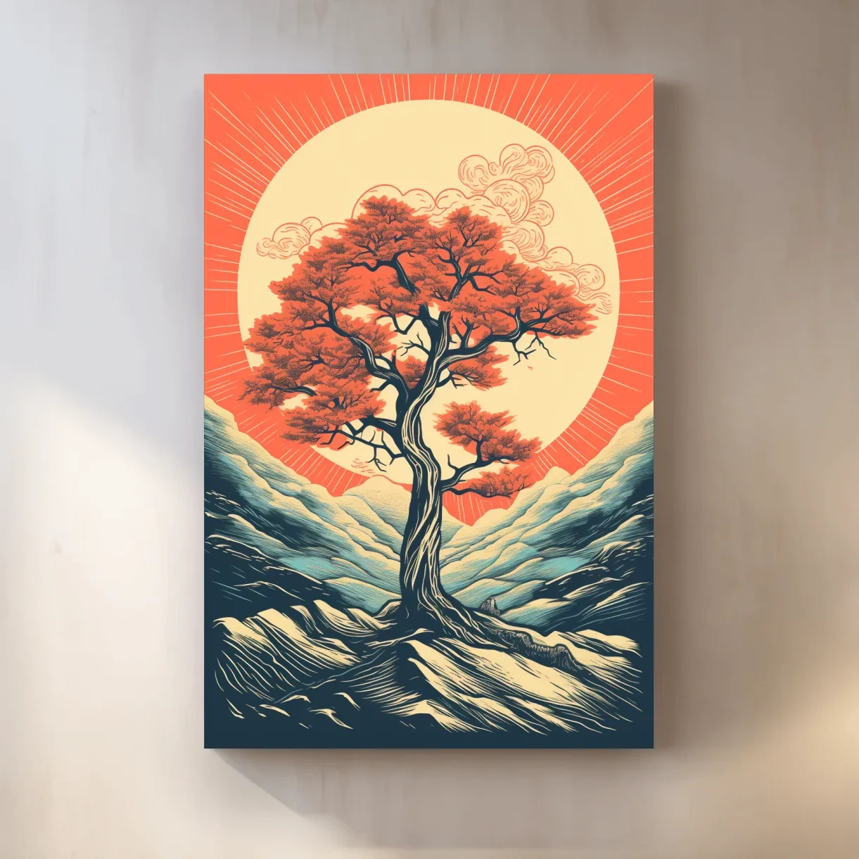 Dynamic vector illustration wall art poster of a tree at sunset