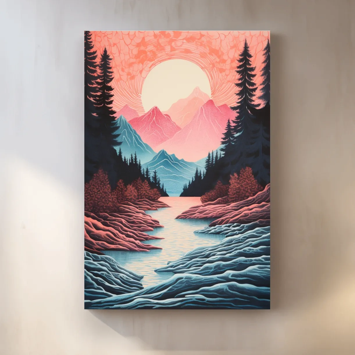 Risograph style illustration of an alpine valley at sunset