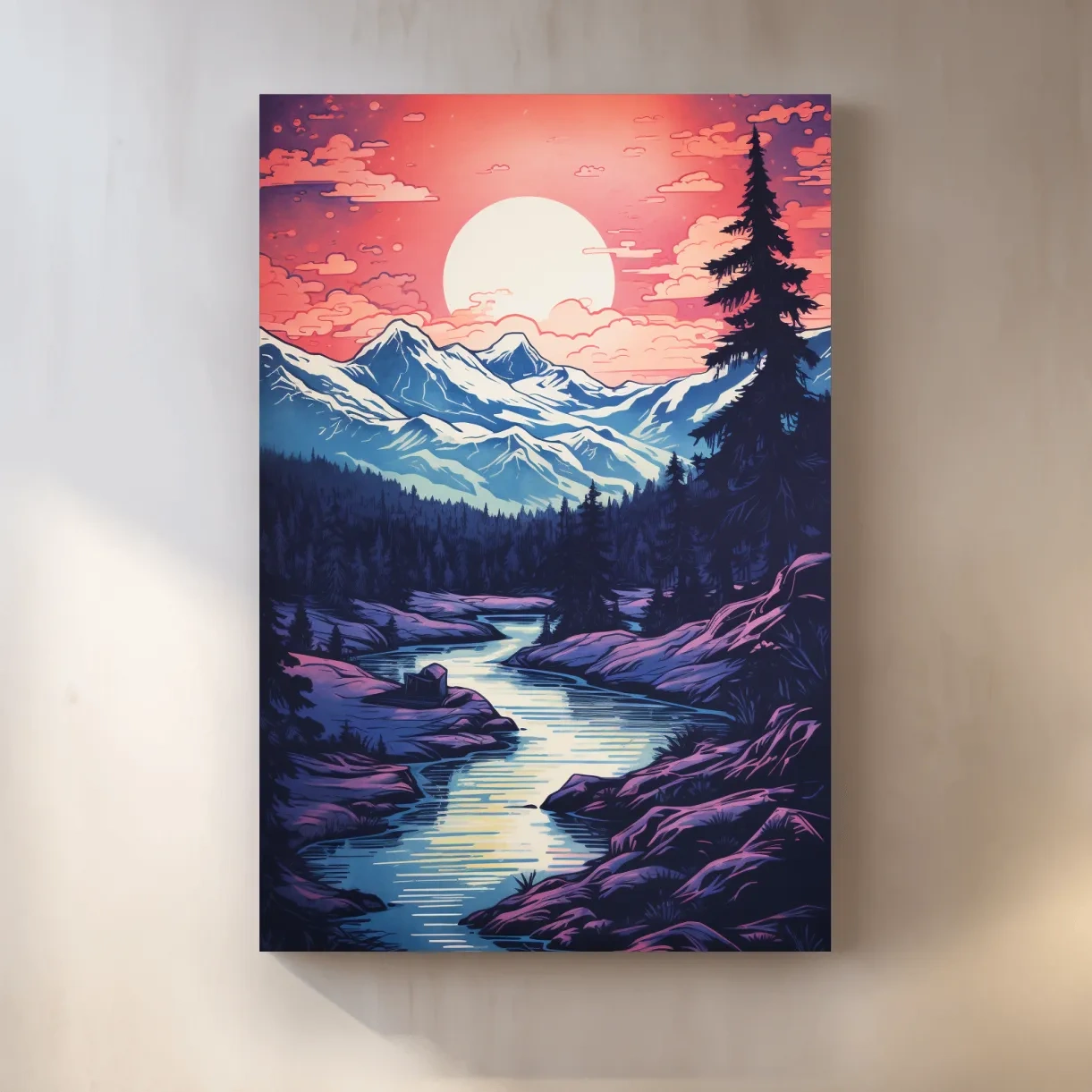 Surreal illustration of sunset over a glacier alpine scene