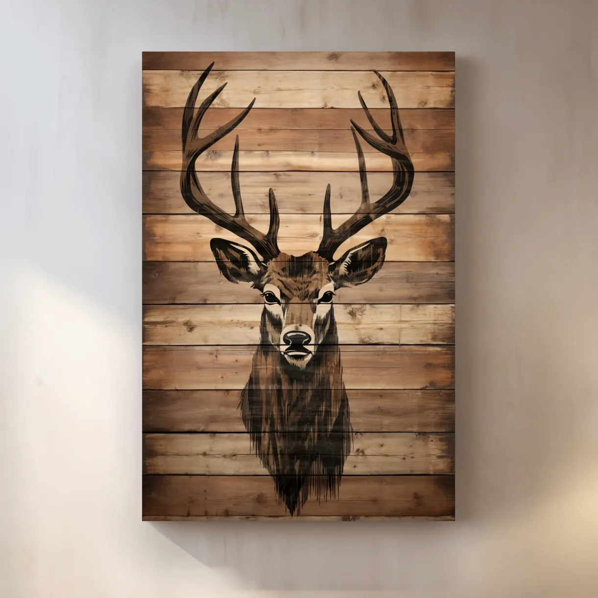 Wood burning art, deer head on wooden panels