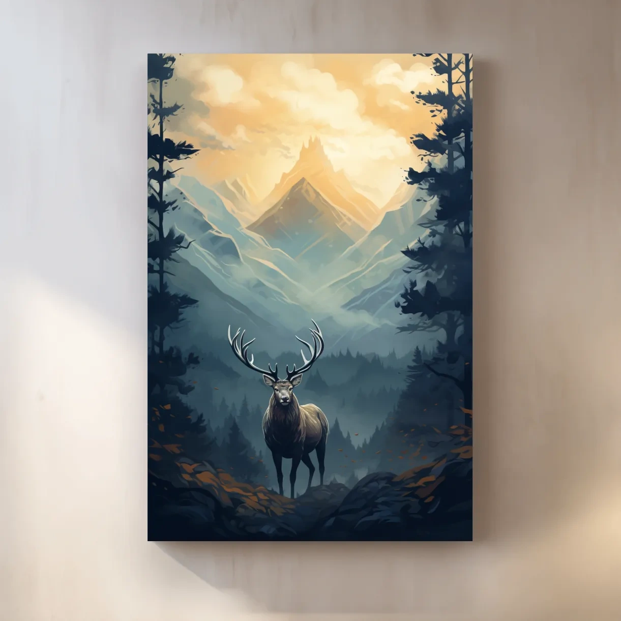 Serene illustration of a majestic deer in the forest at sunset