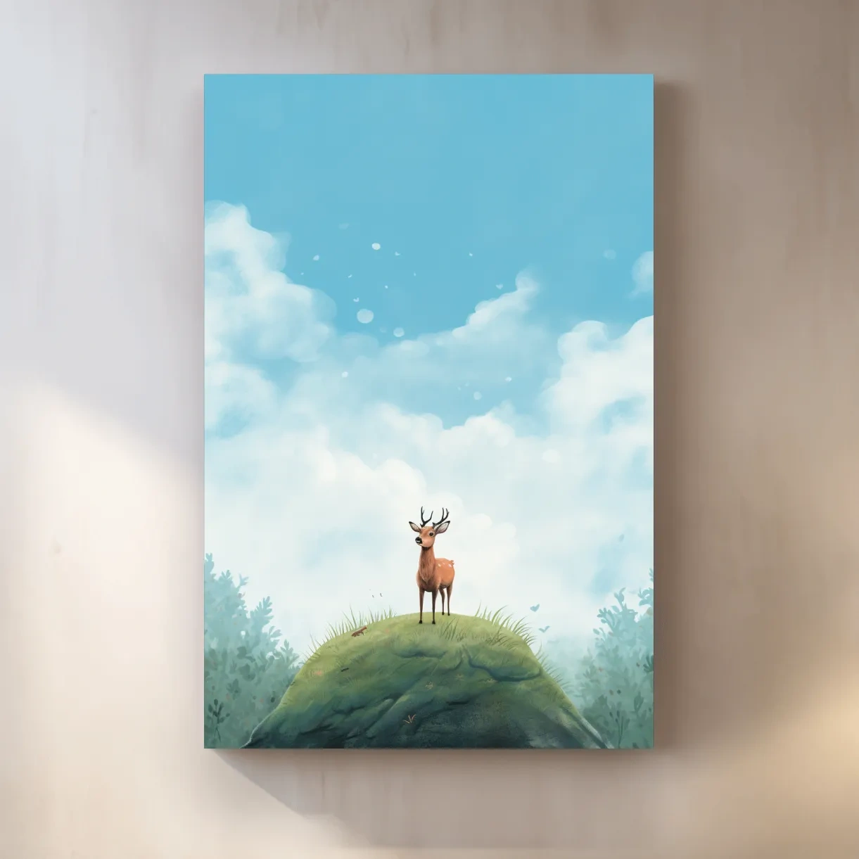 Whimsical Watercolor Deer on Grassy Hill - Serene Woodland Nursery Wall Art