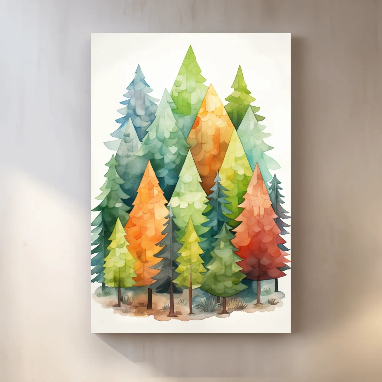 Watercolour painting of a colourful forest