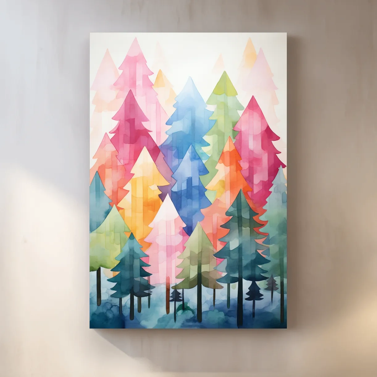Colorful Watercolor Pine Forest Illustration - Whimsical Scandinavian Boho Wall Art