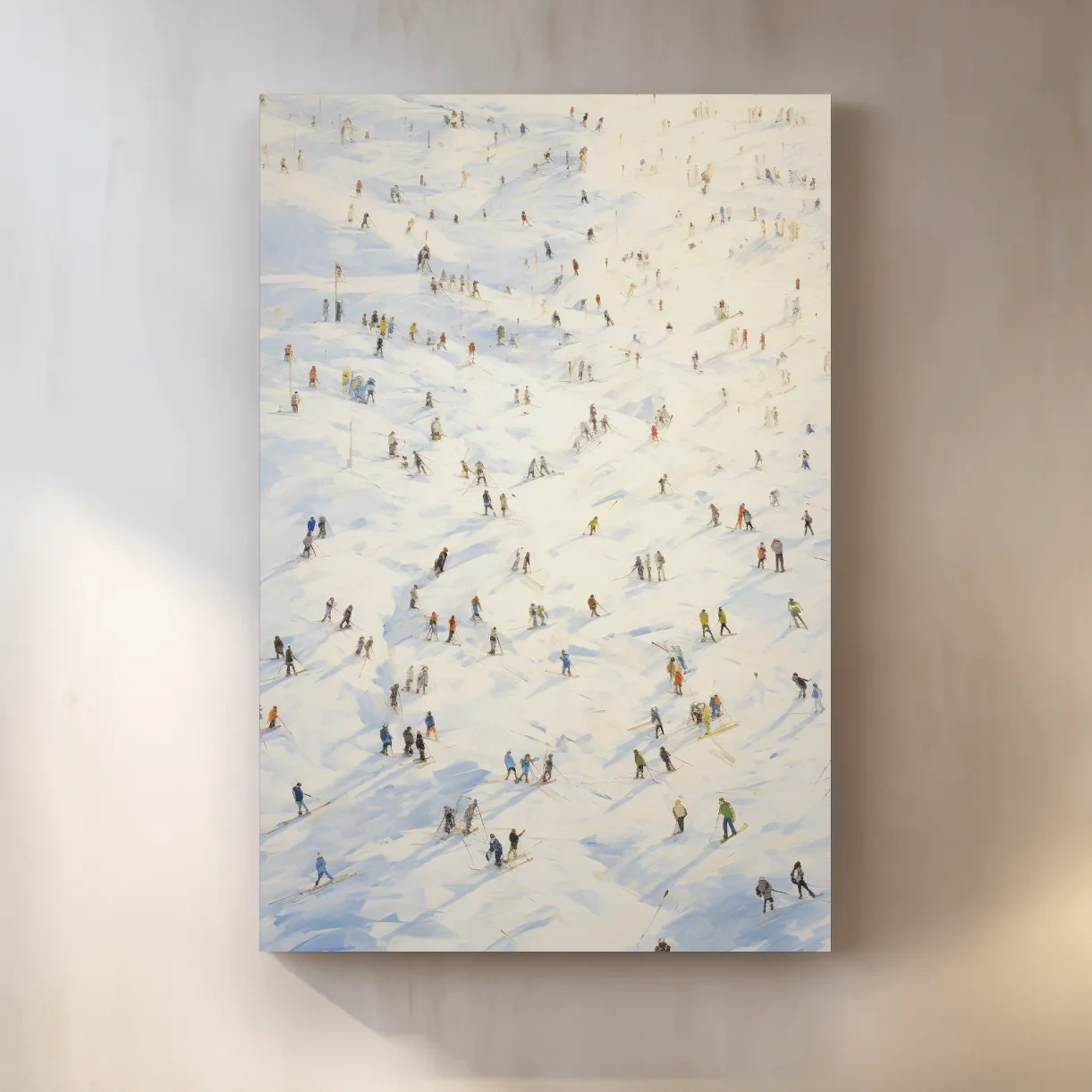 Painting of an aerial view of lots of skiers at a ski resort