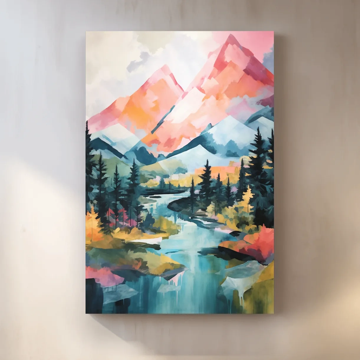 Vibrant Mountain River Landscape Painting - Colorful Alpine Forest Wall Art