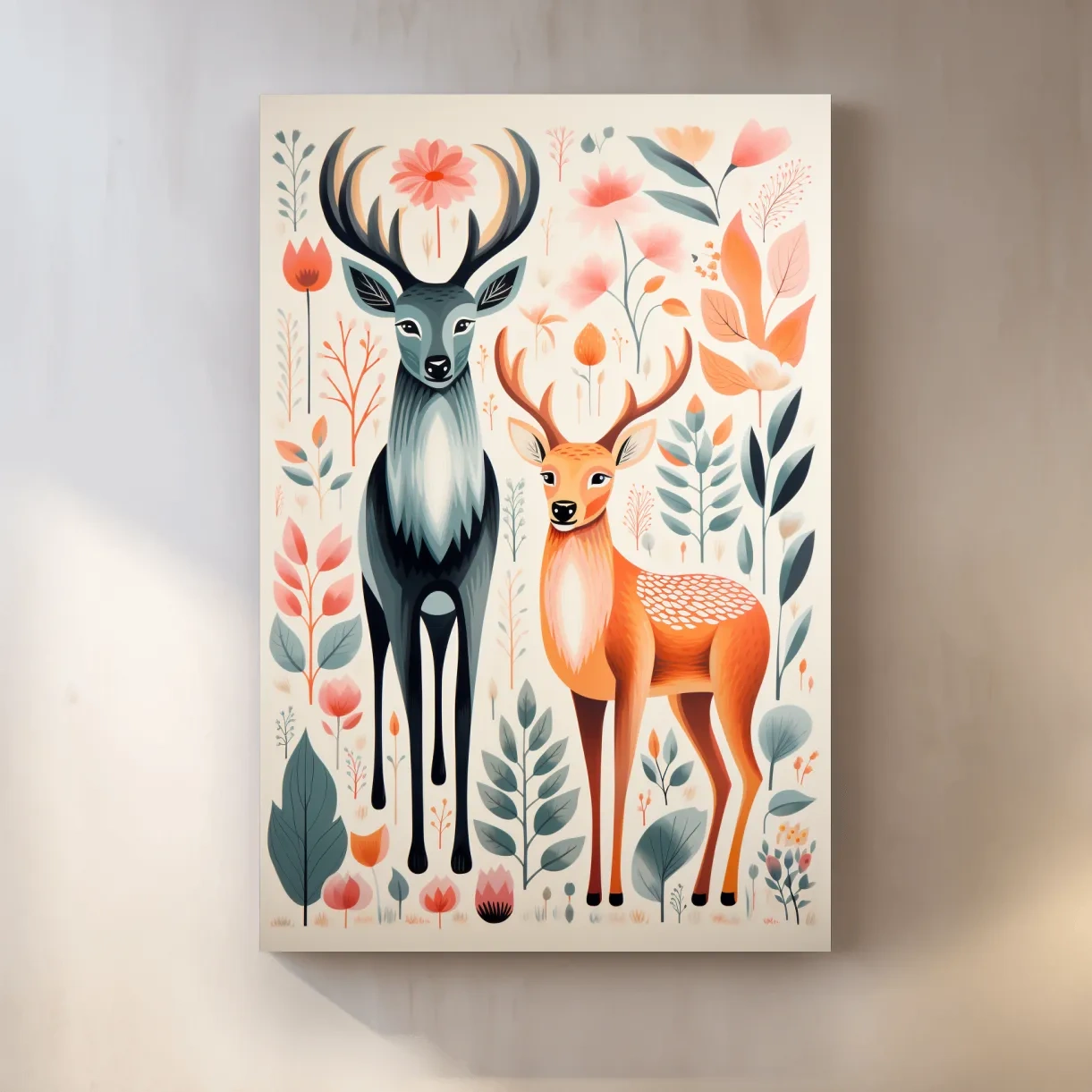 Flat colour vector print of deers and foliage, folk art style
