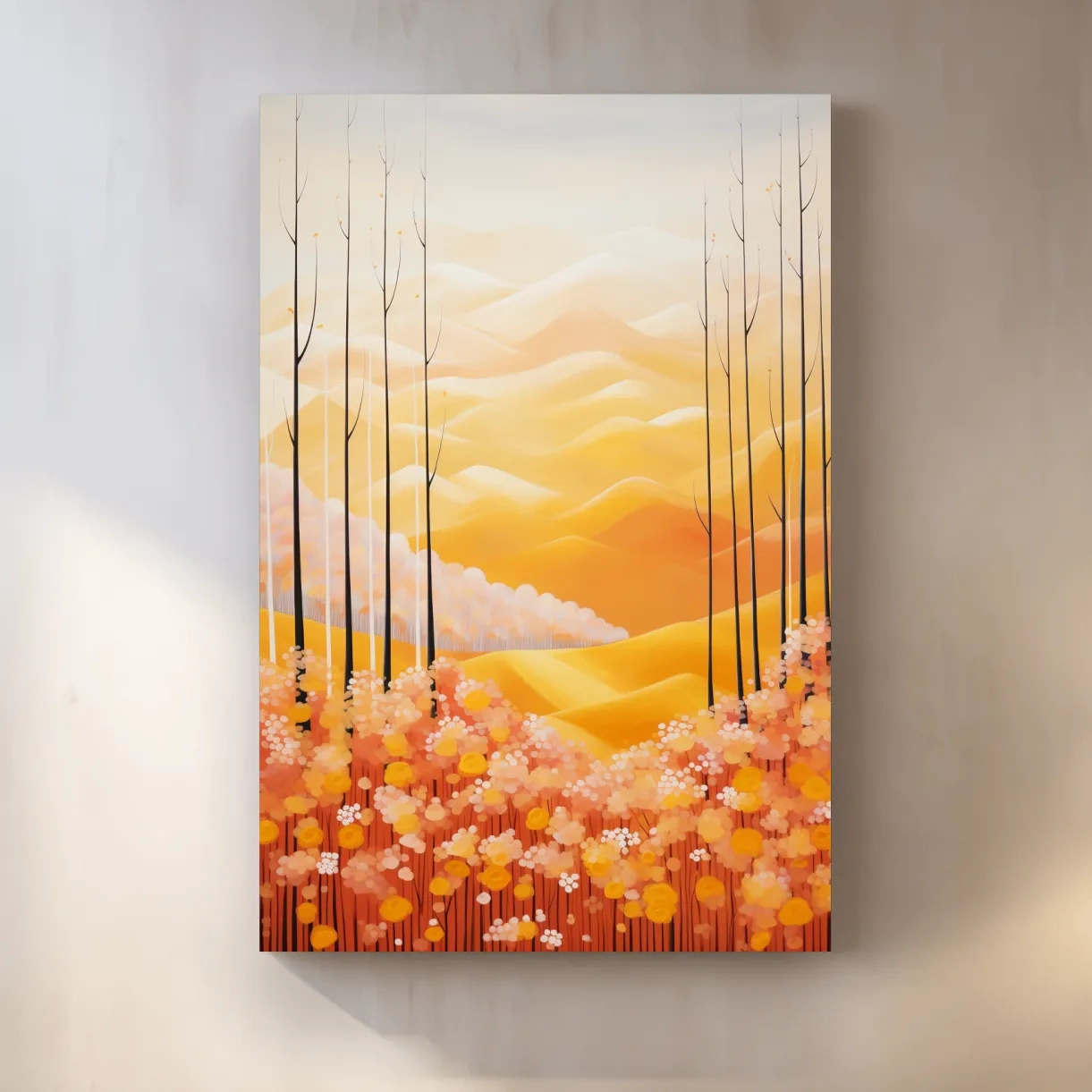 Storybook style illustration art of flowers, mountains and a forest in fall