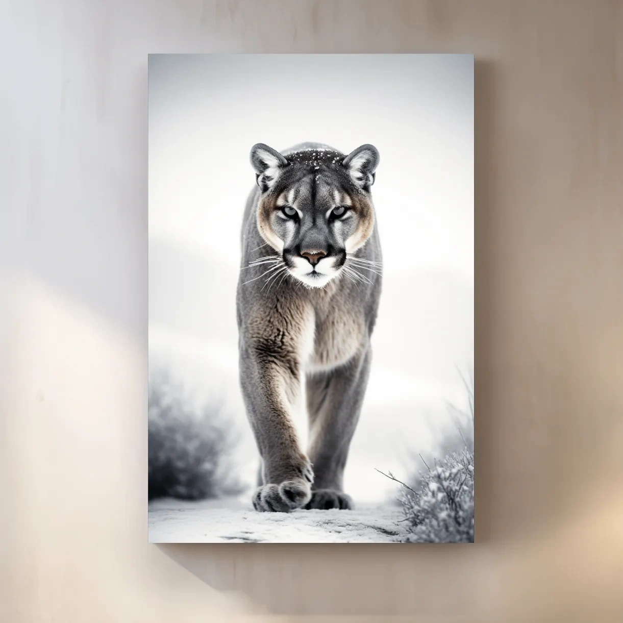 Photograph of a mountain lion walking in snow